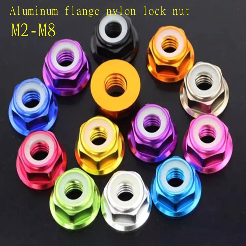 Anodized Aluminum Flange Nylon Lock Nut Kit (M2–M8) – 2, 5, or 10‑Pack, Multi‑Color